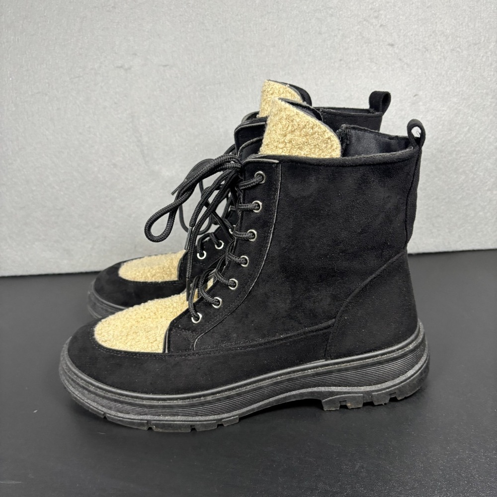 Yoki Womens Size 10 Black Faux Shearling Combat Boots Lug Sole Ankle Winter Shoe